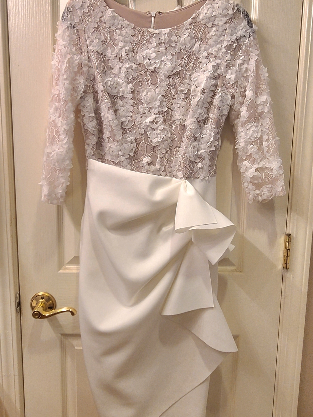 Xscape Ivory Lace Bodice Midi Dress with Satin Draped Bow